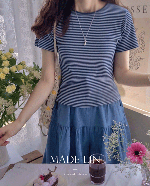 [베스트특가 6천원 할인]MADE LIN라니에 넥배색 스트라이프 티[size:F(55~66)]