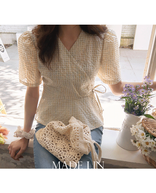 [베스트특가 3천원할인]MADE LIN샤베트 러블리 린넨 체크 블라우스[size:F,L]